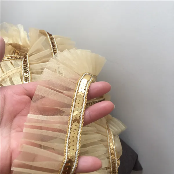 4.5CM Wide Delicate Golden Sequins Embroidered Ribbon Pleat Lace Collar Applique Edge Trim For Sewing Skirt Clothing DIY Crafts