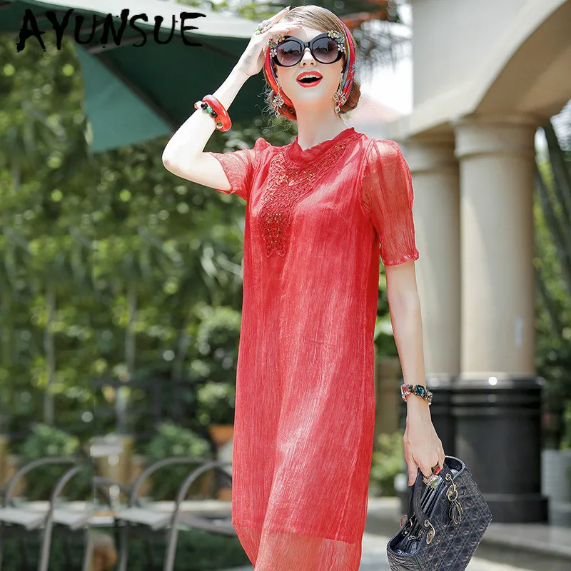 

Real Silk Dress Summer Dress Women Korean Vintage Midi Beach Dress Elegant Party Dresses Woman Vestidos Ropa Mujer 38865 YY2772