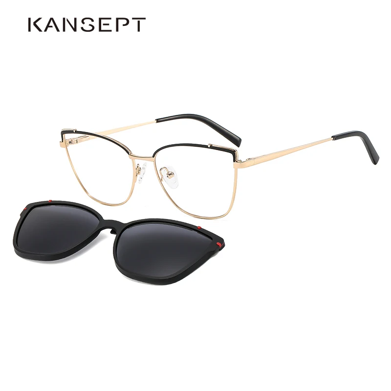 KANSEPT Women Metal 2 In 1 New Style Magnetic Polarizing Sunglasses Clip Set Cat Eye Fashionable Spectacle Frame Myopia Eyeglass