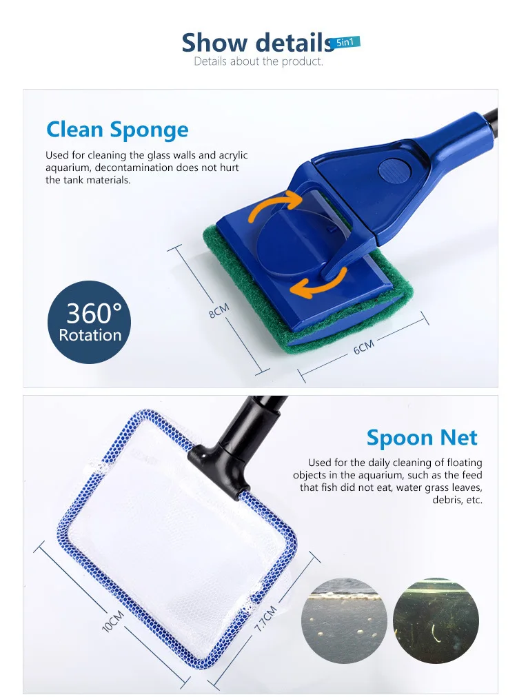 6-IN-1 Aquarium-Reinigungswerkzeuge-Sets, Aquarium-Reinigungsset, Fischnetz, Kies, Rechen, Algenschaber, Gabel, Schwamm, Bürste, Glasreiniger – Detail 6