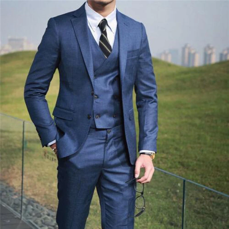 Double-breasted Vest Men\'s 3 Pieces Navy Suits Groom Wedding Formal Party Tuxedo Costume Homme Coat Blazer (Jacket+Pants+Vest)