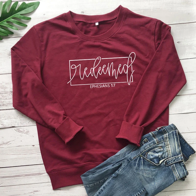 Redeemed Ephesians 1:7 Sweatshirt Women Scripture Christian Bible Pullovers Casual Unisex Long Sleeve Easter Jesus Sweatshirts