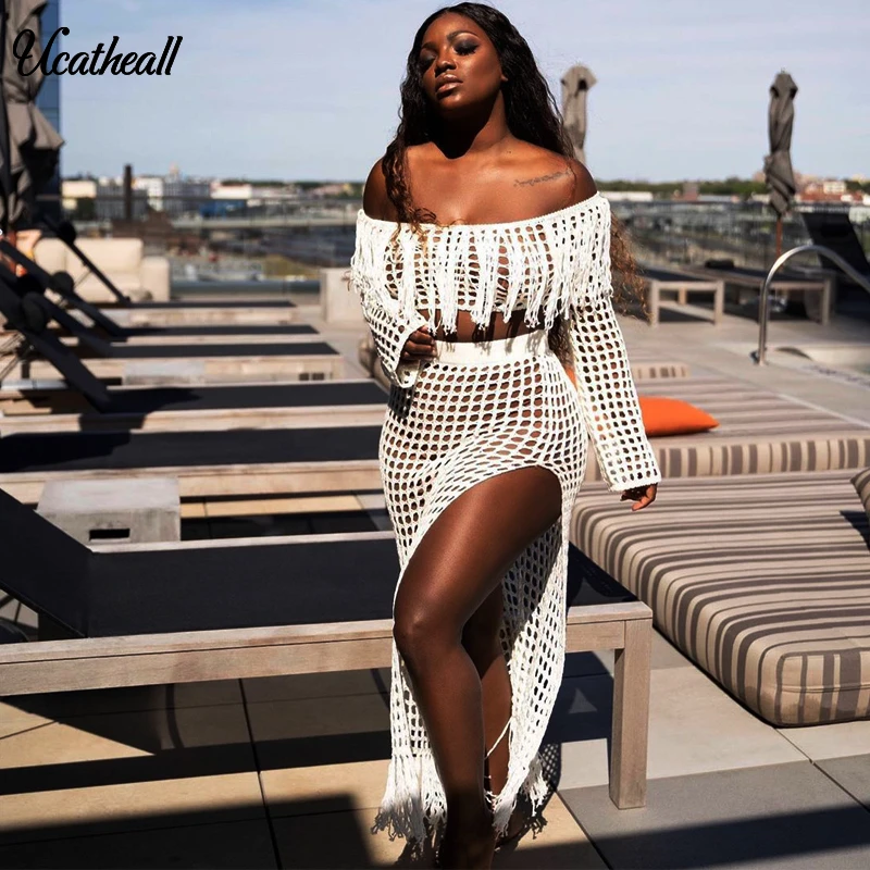 2020 Bohemian Fringed Knitted Summer Beach Dress Crochet Tunic Women Beachwear Sexy Off Shoulder Long Sleeve Split Dress