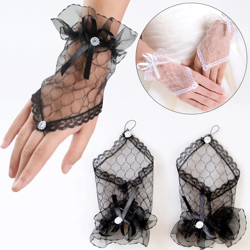 Fashion Women Fingerless Bridal Gloves Short Paragraph Rhinestone White Lace Mittens White Black Red Wedding Accessories 1 Pair