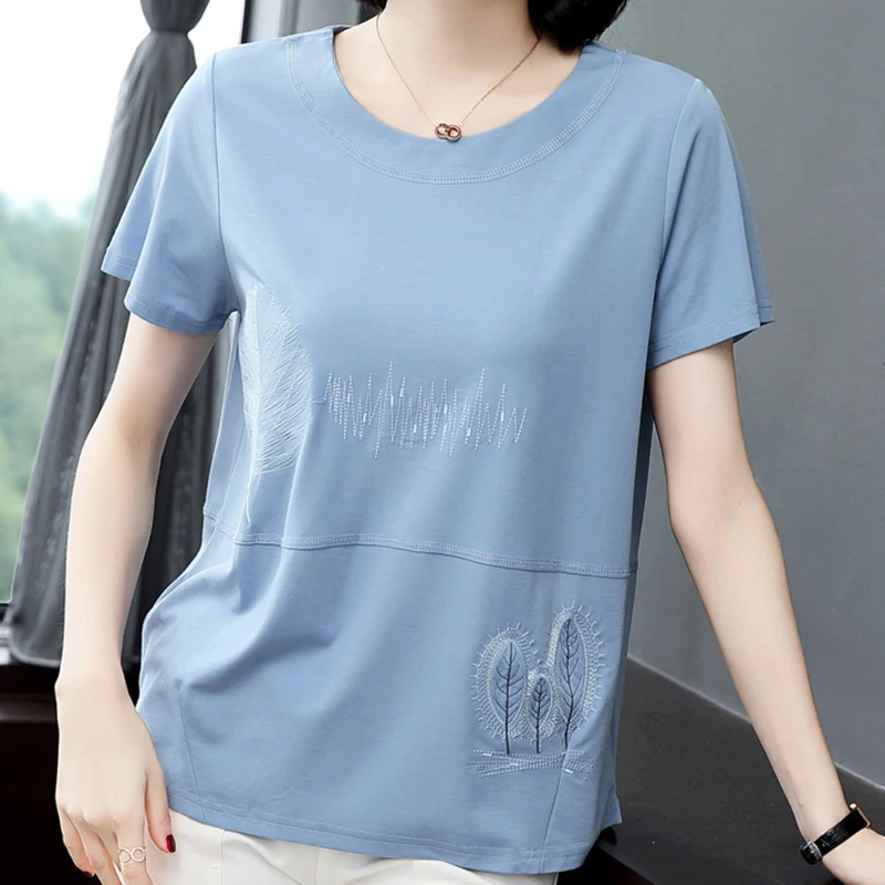 

Embroidery T Shirt Women Cotton Short Sleeve Tee Shirt Femme 2022 Summer Top Casual O-Neck T-Shirts Korean Style Womens Clothing