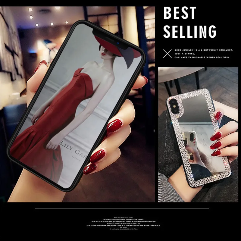 Women Rhinestone Diamond Mirror Case For iPhone 14 13 12 11 Pro Max XR XS Case Luxury For iPhone 17 16 15 Pro Max Makeup Cover