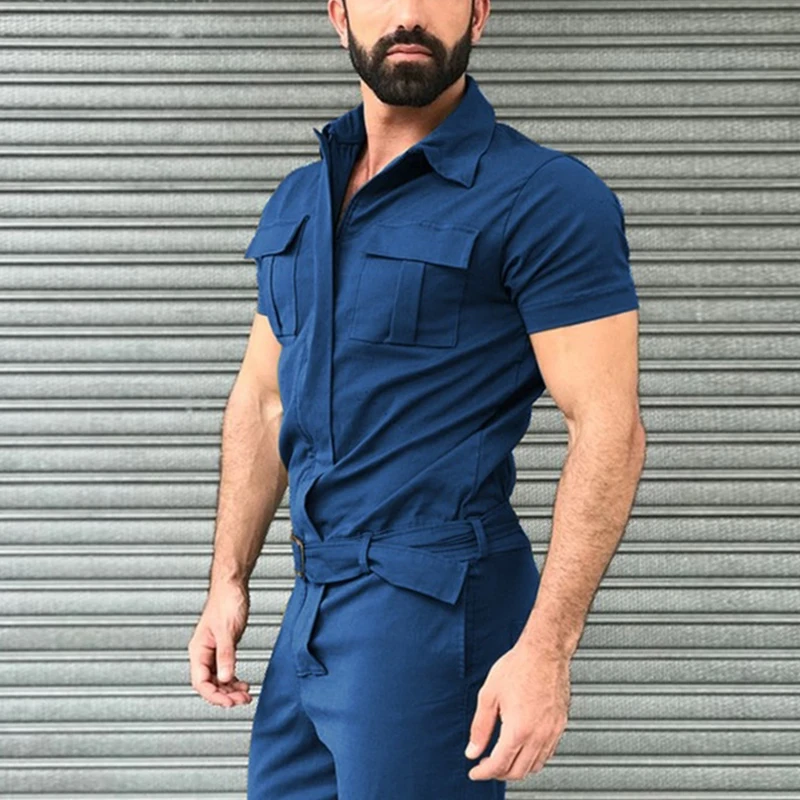 Men's Overalls Casual Streetwear Pocket Solid Color Short Sleeve+Trousers Jumpsuit Fashion Leisure Basic Work Cargos Pants