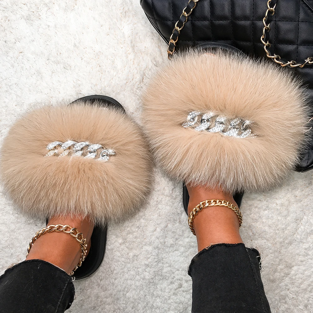 Real Fox Fur Slippers For Women Diamond Chain Furry Fur Slides Fluffy Flip Flops House Plush Beach Flat Slippers Summer Sandals