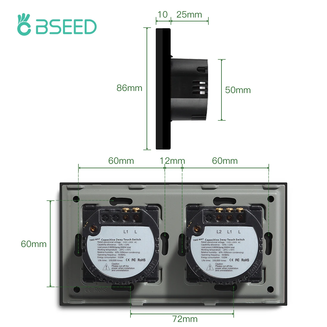 Bseed 1Gang 2Gang Touch Sensor Switch 2Way Light Switch White Black Golden Crystal Class Panel Switch Waterproof Double Switches