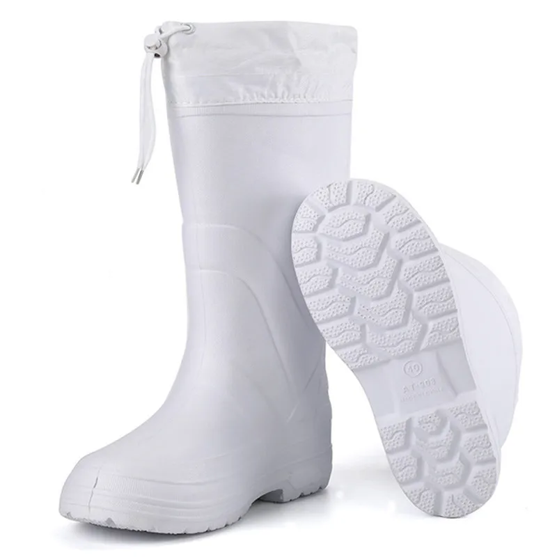 Men Plush Warm Knee-High Rain Boots Winter Non-slip Waterproof Cotton Shoes Light Comfort EVA Water Boots White Rainboots