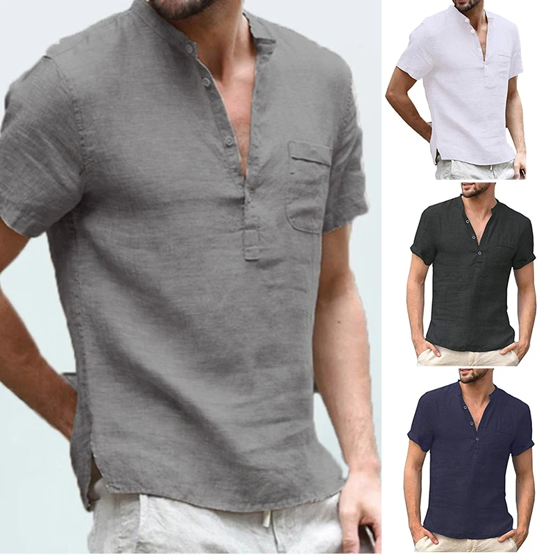 Men\'s Casual Hip Pop t-Shirt Summer Short-Sleeved Linen Shirts With Stand-Up Collar Soild Short-Sleeved Shirt Buiness Shirts To