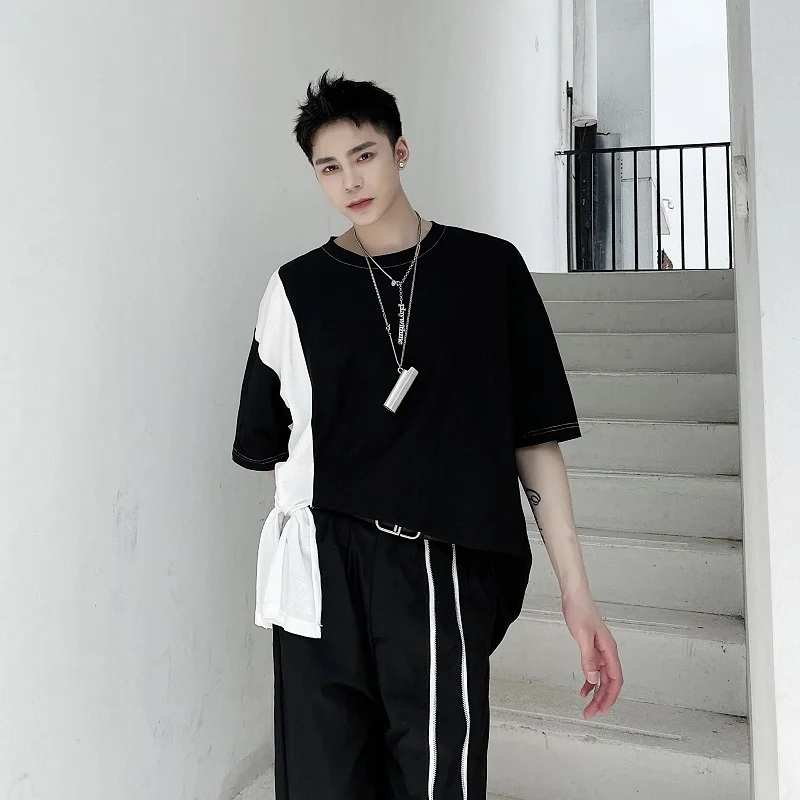 Men's Summer T-shirt black and white split splice loose short sleeve men's casual O collar T-shirt plus-size street hip hop