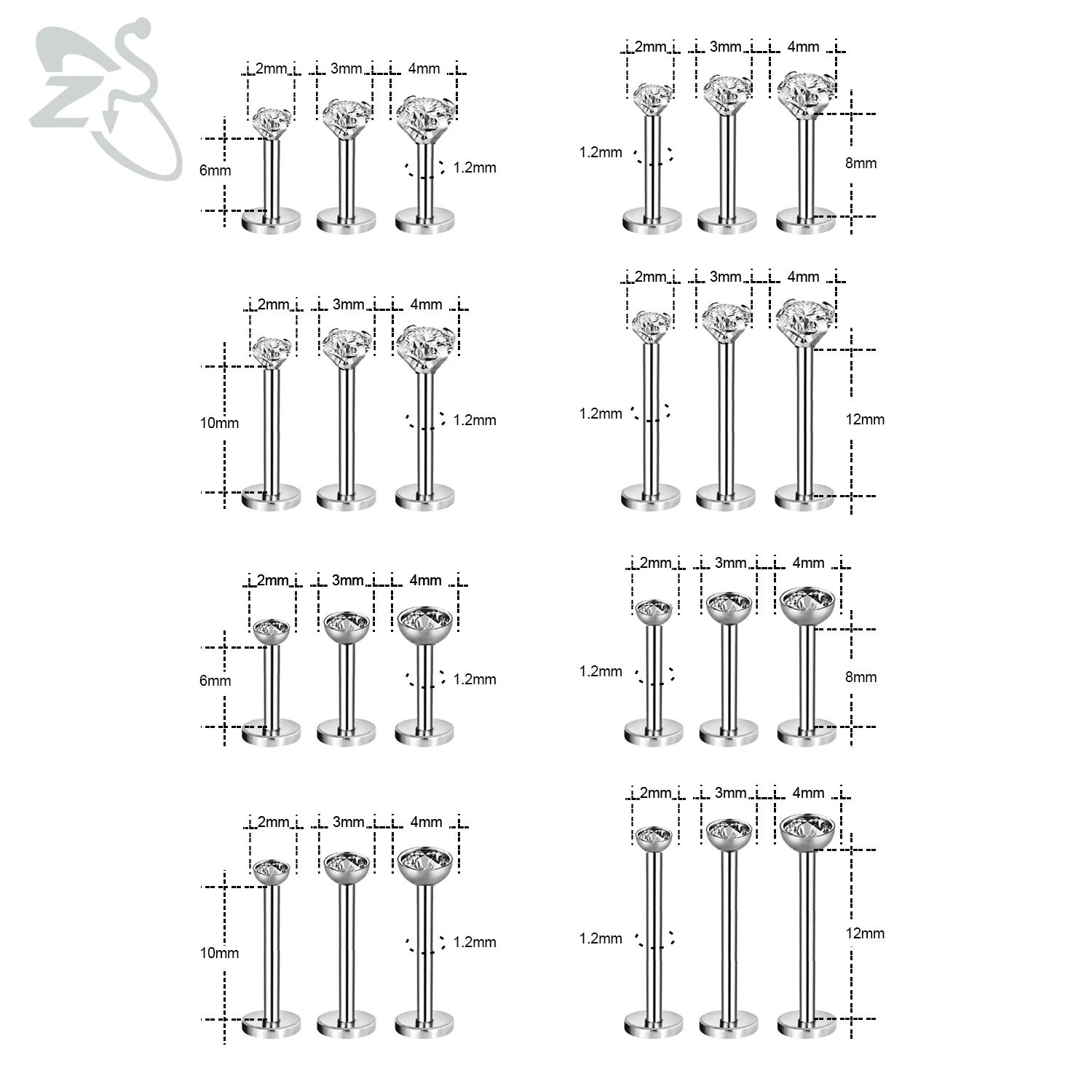 ZS 3pcs/lot CZ Crystal Lip Piercing Set 6/8/10/12MM Stainless Steel Monroe Labret Rings Ear Tragus Helix Piercings Jewelry 16g