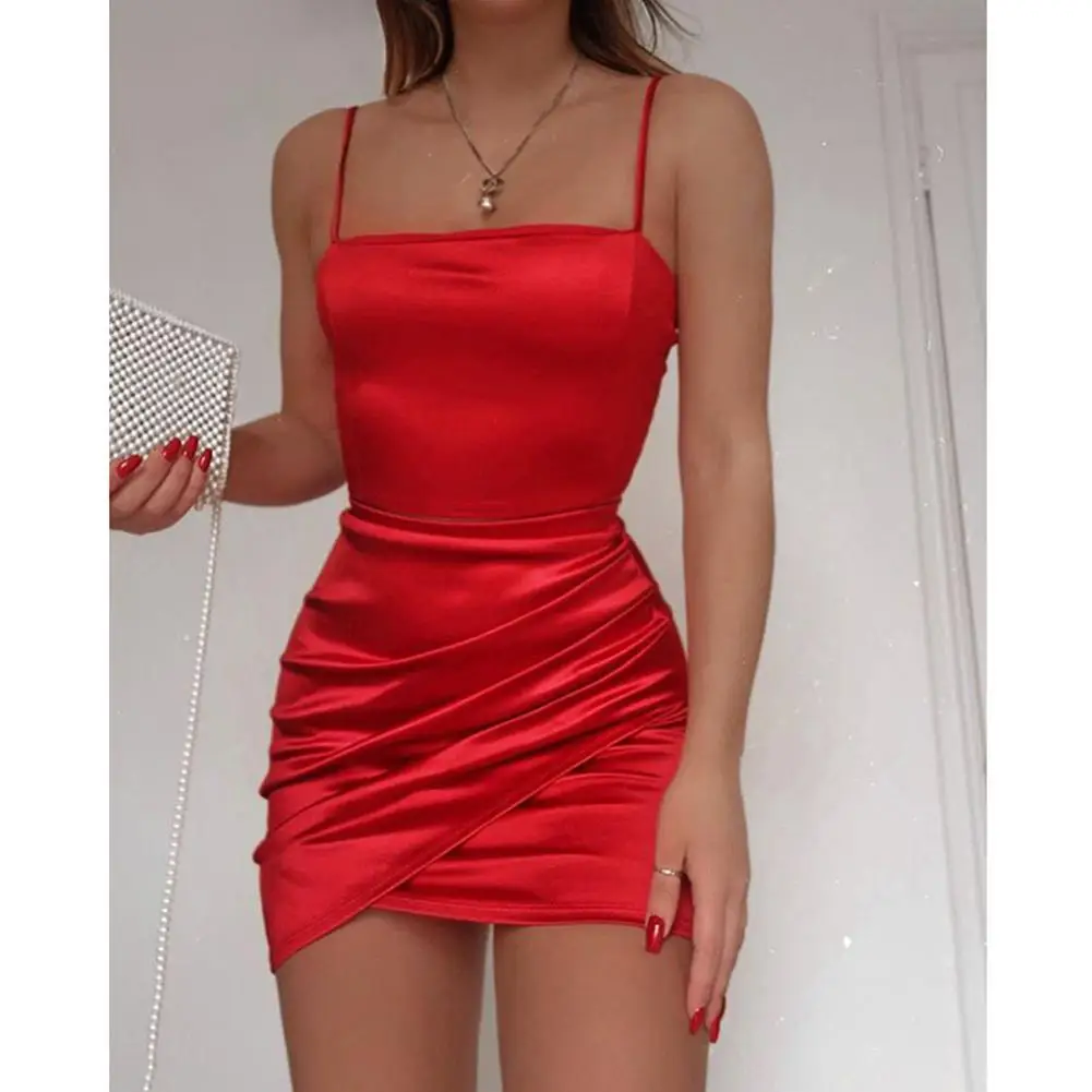 Minivestido rojo sexy para mujer, vestido ceñido con tirantes fruncidos, Espalda descubierta, sin mangas, ropa de verano para discoteca, 2021