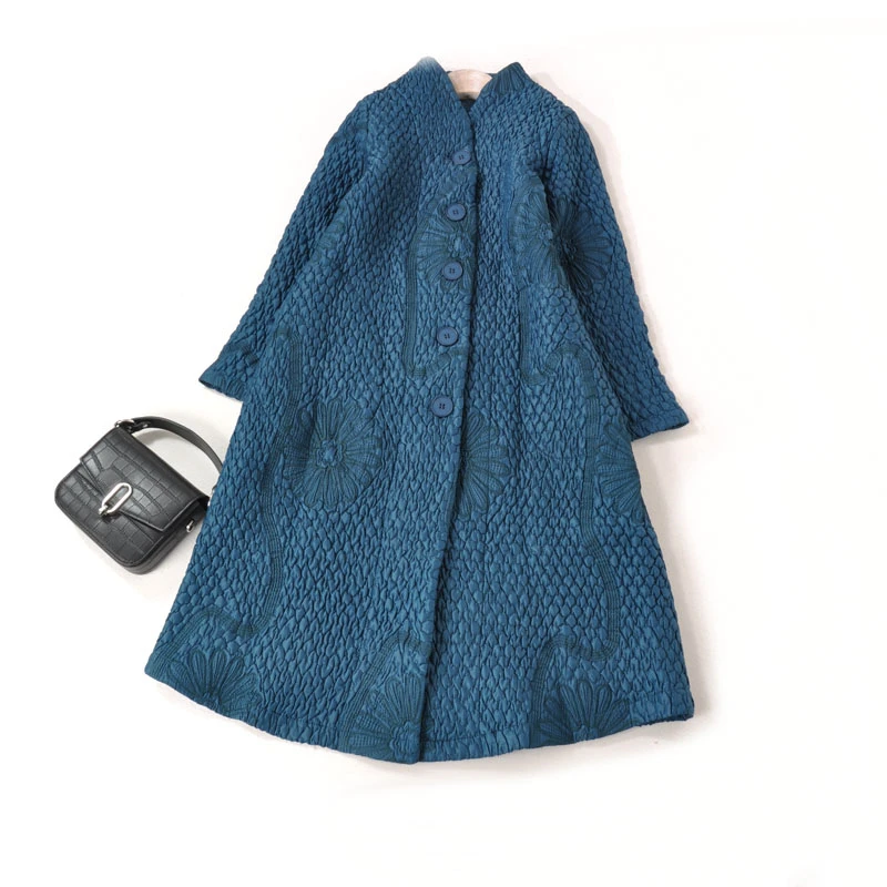 HOT SELLING Miyake fashion Fold Solid color v-neckr long-sleeved  Peacock blue Windbreaker IN STOCK