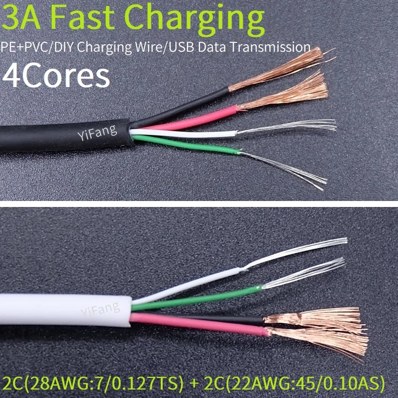 Fast Charging Wire DIY Repair Connector Data Transmission 3A  Android Micro iPhone Type C 4Cores Quick Charge USB Keyboard Cable