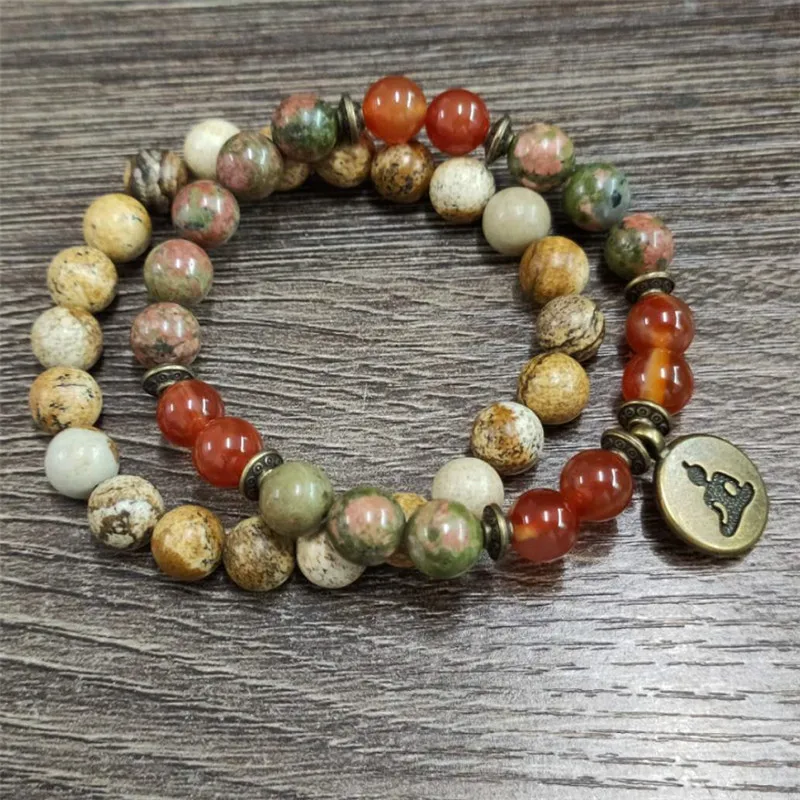 Charm Stone Wrist Mala Healing Crystal Lotus OM J-asper Bracelet Sets For Men Women Medetation Yoga Bead Carnelian Bracelet 2 pc view 4