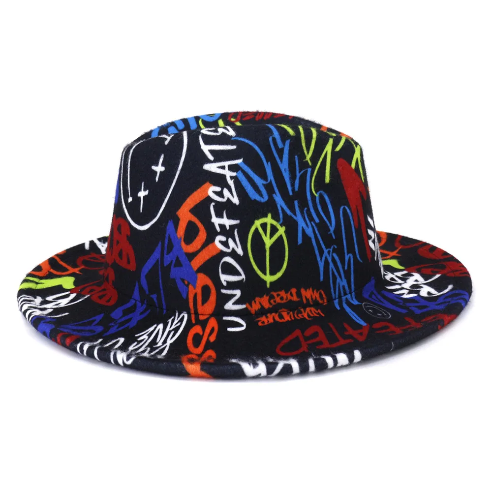 Tie-dye fedora hat wholesale autumn and winter graffiti letters monochrome hat unisex hand-painted felt winter hat шляпа женская