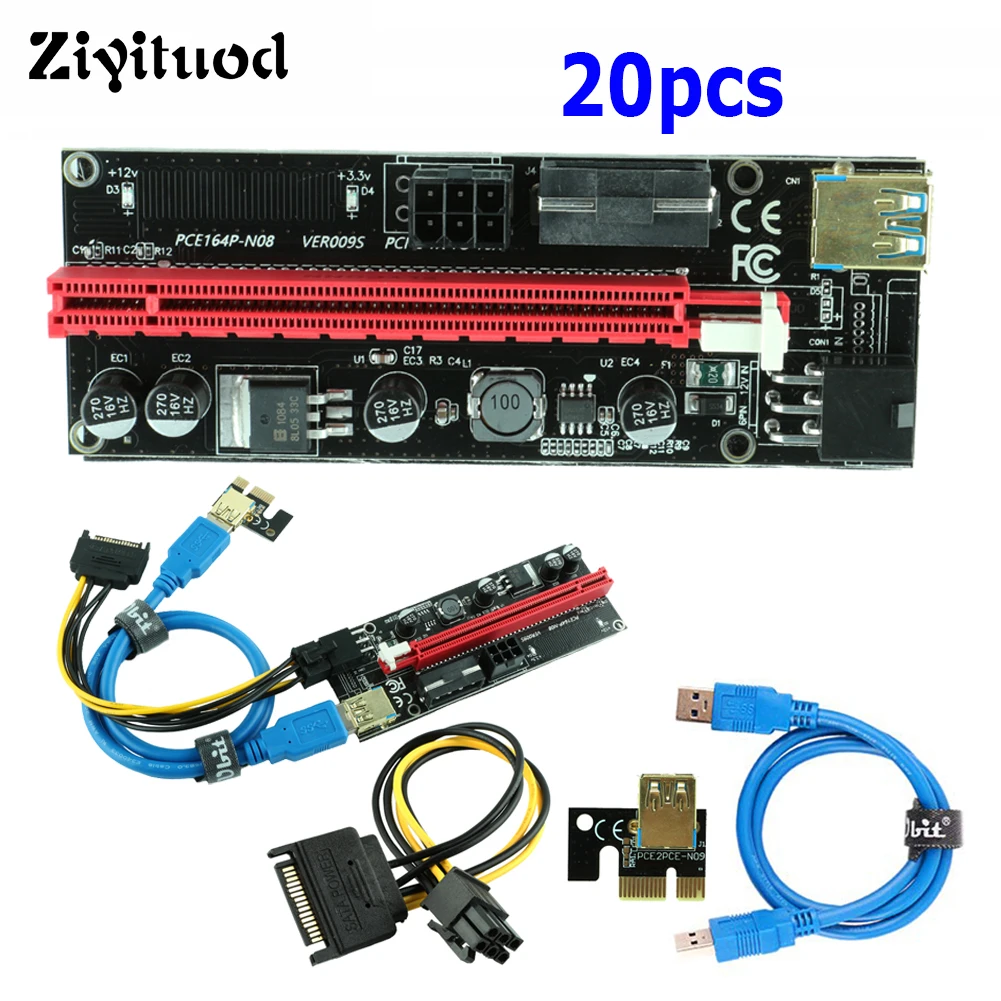 20pcs PCI-E Riser Card VER009S LED Extender 0.6m USB3.0 Adapter Cable 1X to 16x Dual 6pin Sata PCI Express For BTC Miner Mining