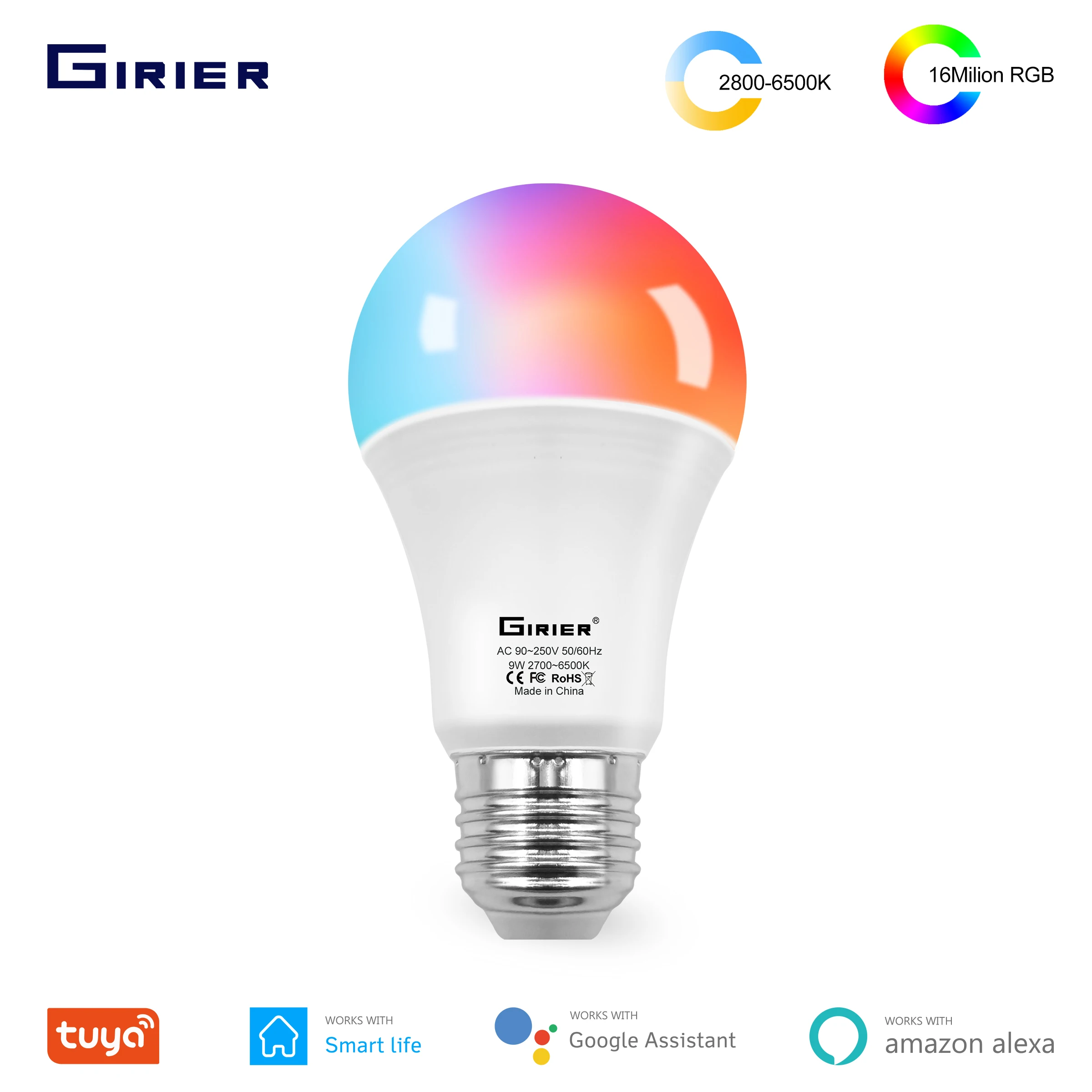 GIRIER Tuya Smart LED Bulb E27, Dimmable RGB Color Changing Light Bulb 12W/15W, Works with Alexa Hey Google, No Hub Required