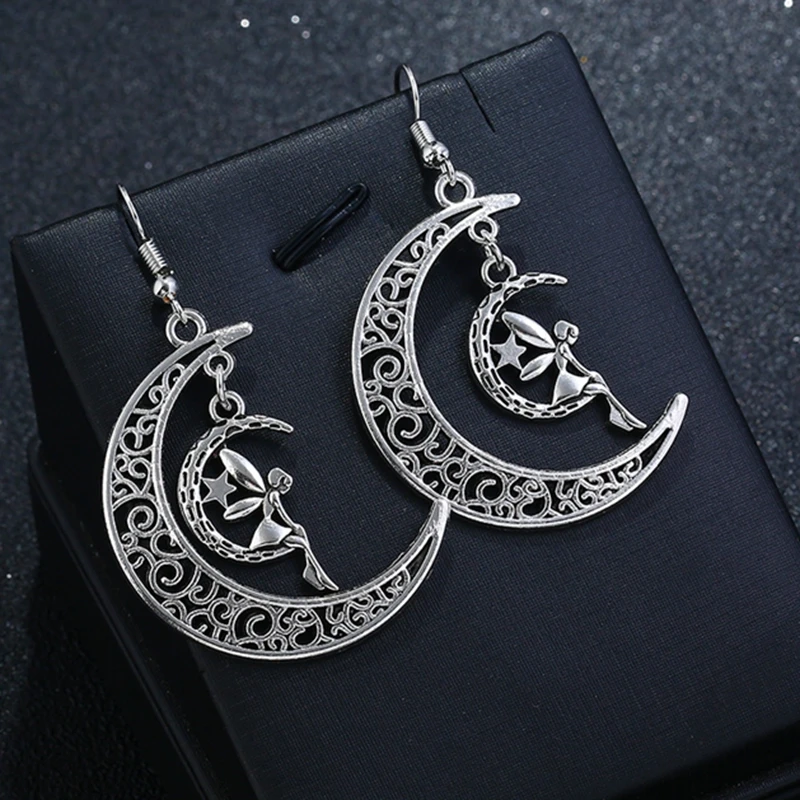 Crescent Earrings Mysterious Gothic Jewelry Angel Moon Earrings Hollow Carved Moon Earrings Angel Earrings Fashion Gift