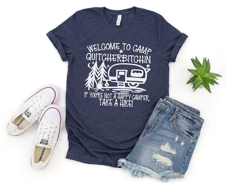 

Camping Happy Camper Welcome Funny Cute Summer T-Shirt Short Sleeve 100% Cotton Top Tee Funny Letter Print Graphic O Neck Tshirt