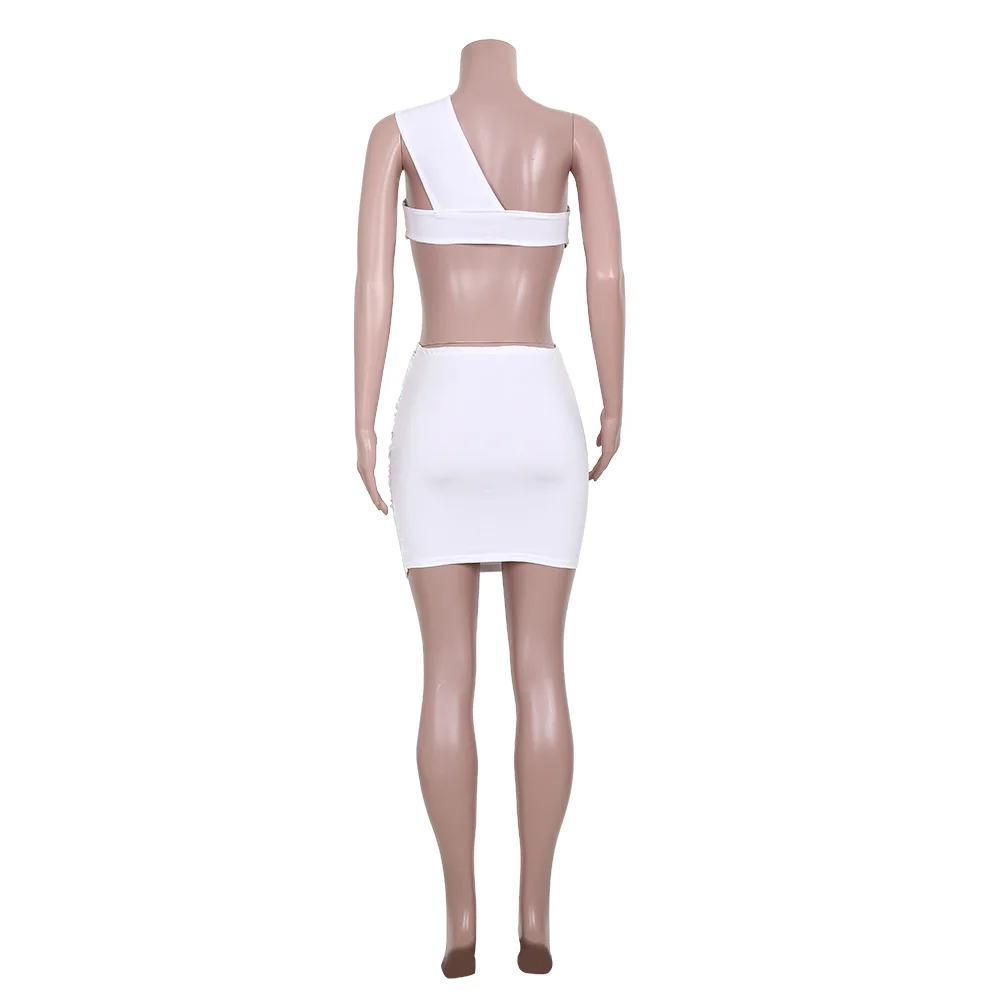 SKMY 2023 New White Sleeveless One Shoulder Solid Color Mini Skirt Set Short Tube Top Women Two Piece Sexy Club Outfits