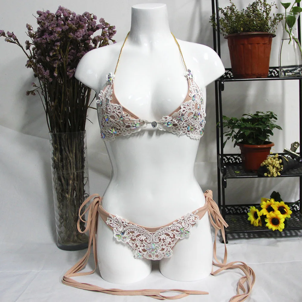 Sexy Sequin Lace  Split Strappy Swimsuit Women Rhinestone Bikini Befree Body Two piece Beach Party Lace Up champagne ColorBikini