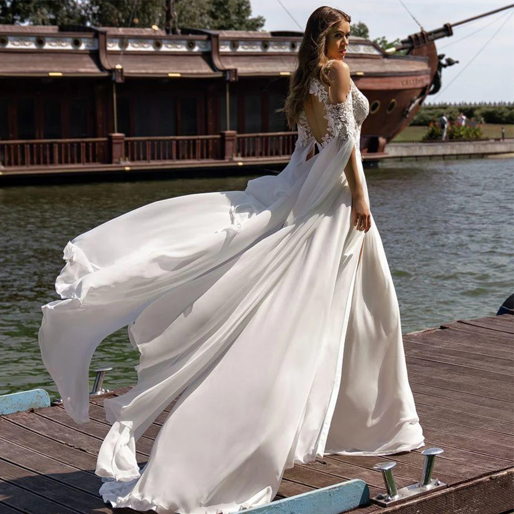 Vestidos de novia bohemios de gasa de encaje, vestidos de novia de moda con escote redondo, Espalda descubierta, apliques con abertura