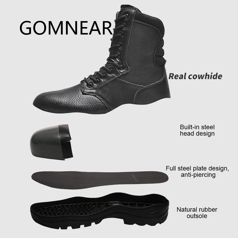 GOMNEAR Military Winter Sport Boots Men Waterproof Genuine Leather Hiking Boots Tactical Sneakers Outdoor Shoes Trekking Male