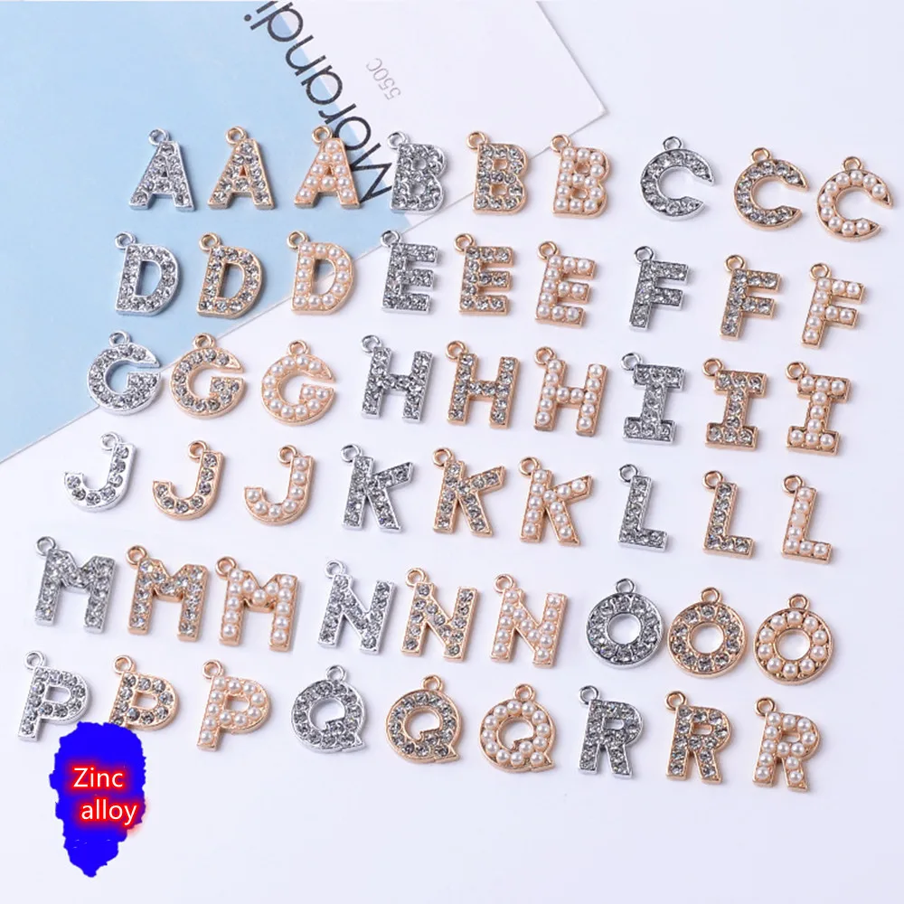 Alphabet Charm Pendant with Rhinestones Pearls 20pcs Gold or Silver Charms for Name Jewelry Making Bling Letter Pendant Findings