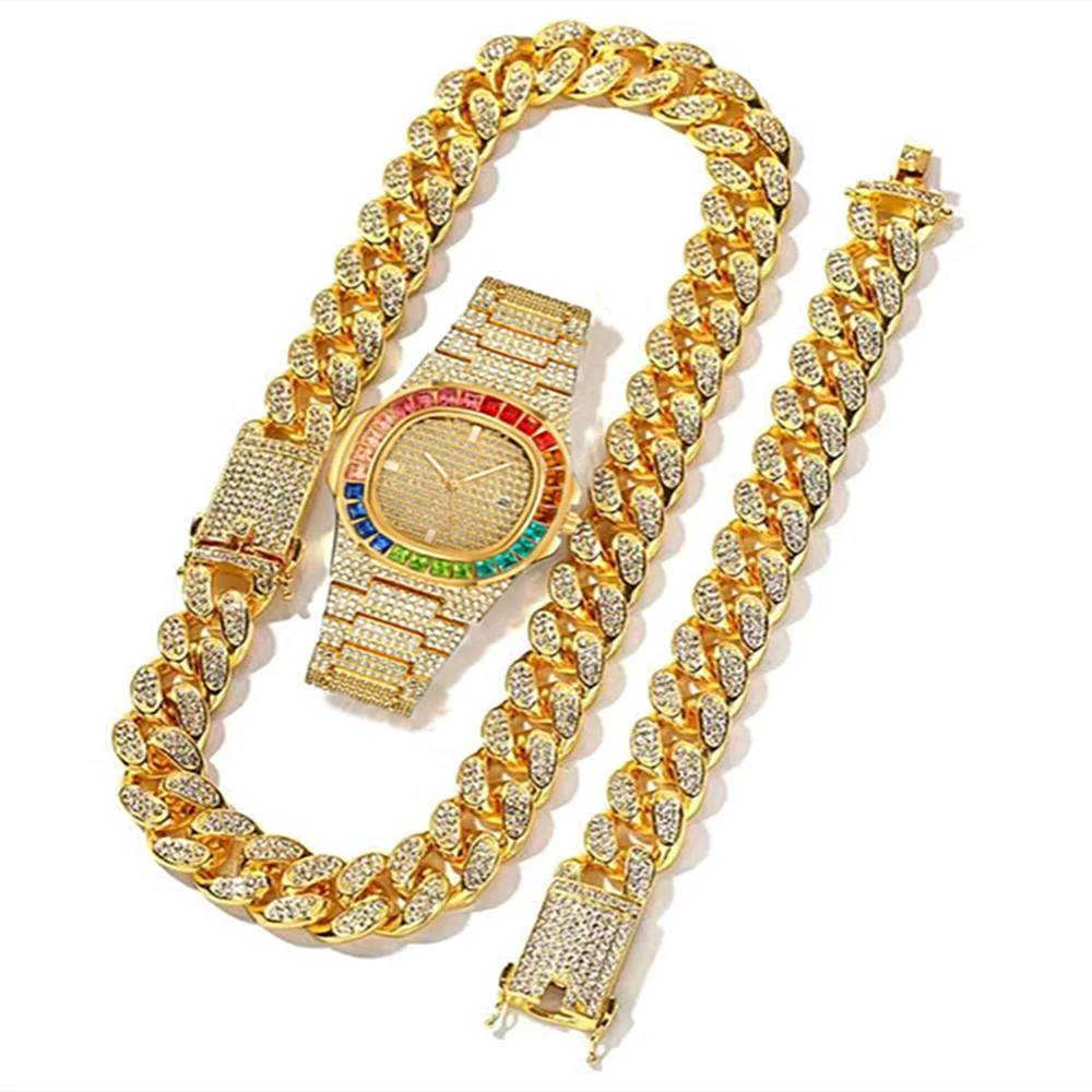 

Necklace+Watch+Bracelet Miami Cuban Link Chain Big Gold Iced Out Rhinestone Bling Cubana Mens Hip Hop Jewelry Choker Watches