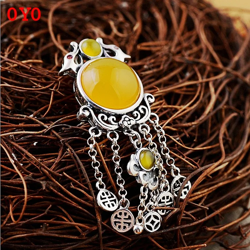 

s925 silver vintage Thai silver yellow chalcedony ethnic style carved tassel hollow pendant