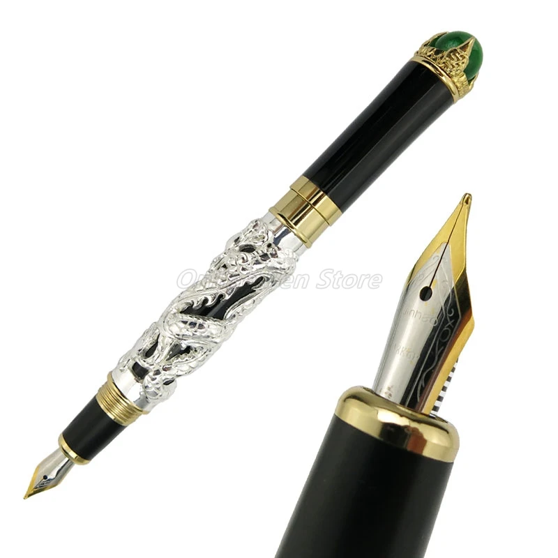 Jinhao Brilliant Silver Metal Ancient Dragon King Pearl Carving Embossing Medium Nib Fountain Pen Office School Stationery