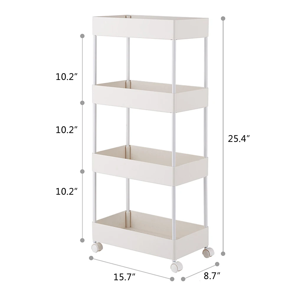 4 Tier Rolling/Service/Utility/shelf/Push Cart Slim Storage Cart Kitchen Bathroom Mobile Shelving with Moving Wheels White