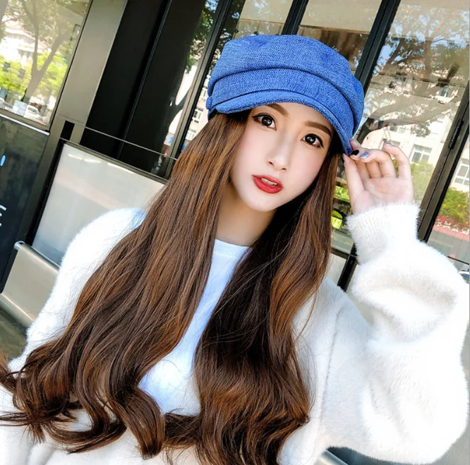 Women  Wig Hat Autumn Winter Women's Cotton Hemp Octagonal Hat Suit Korean Leisure Duck Tongue Hat Girl Blue