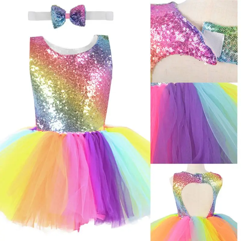 Children Dance Costume Princess Cosplay Rainbow Sequined Mesh Colorful Tutu Dress Masquerade Party Role Play Kids Clothes