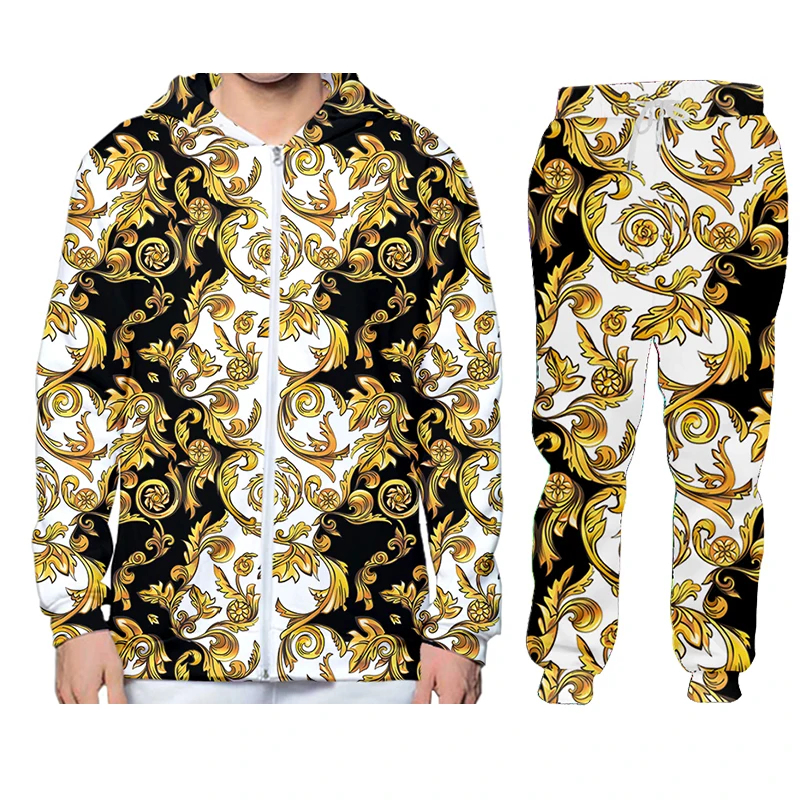 Luxury Golden Pattern Autumn Winter Long-sleeved T-shirt Men 3D Casual T-shirt Trousers 2 Piece Clothes Suit Tracksuit Sweatpant
