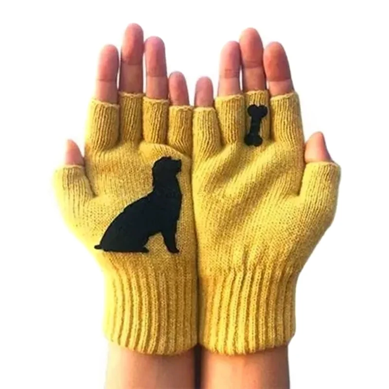 2020 Winter Gloves For Women Newly Cute Dog Printed Gloves Women Fashion Warm Knitted Fingerless Gloves Guantes Invierno