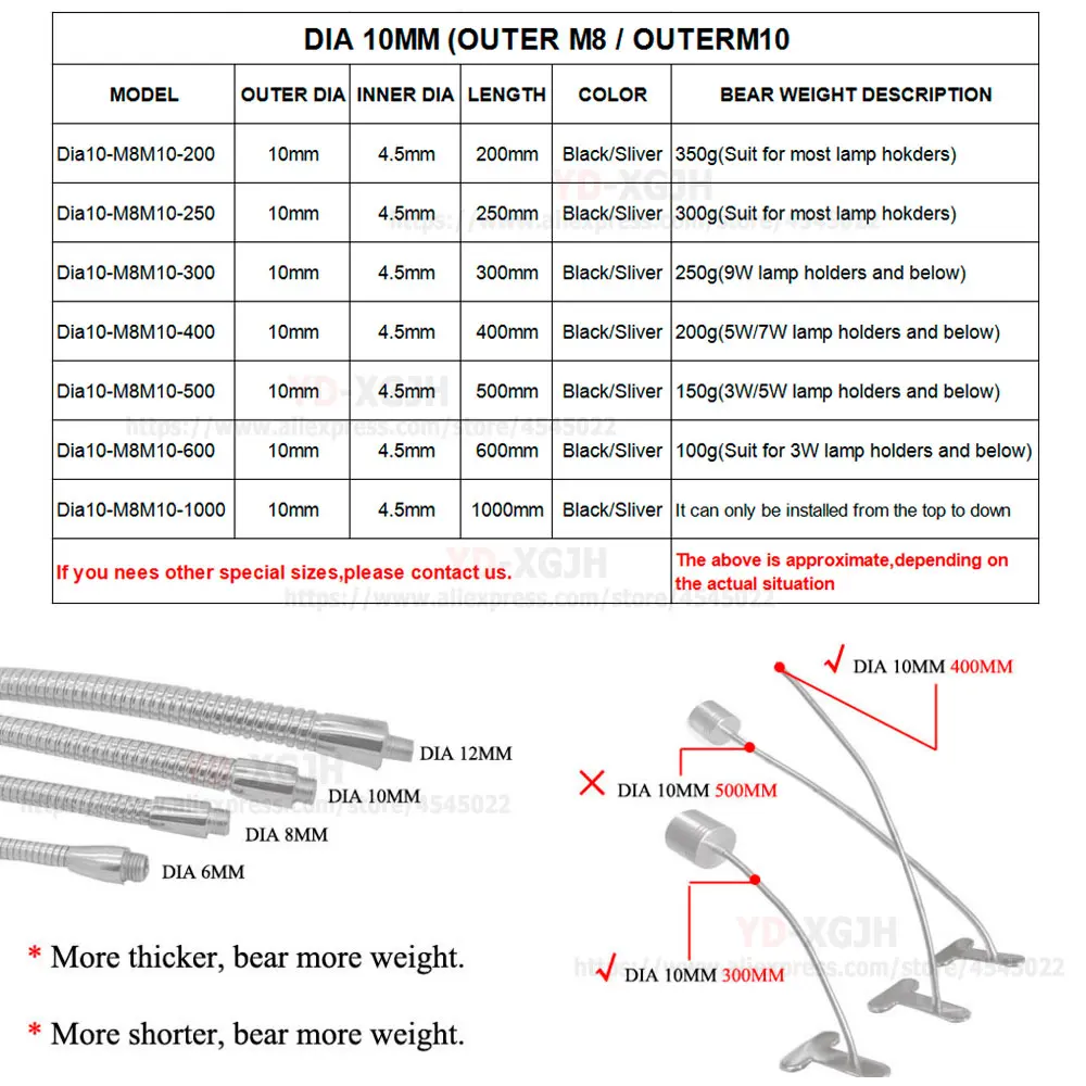 2pcs/Lot Dia 10mm Outer M8 M10 LED 10cm 20cm Table Lamp Holder Metal Hose LED Gooseneck  Flexible Lamps Holder Serpentine Tubes