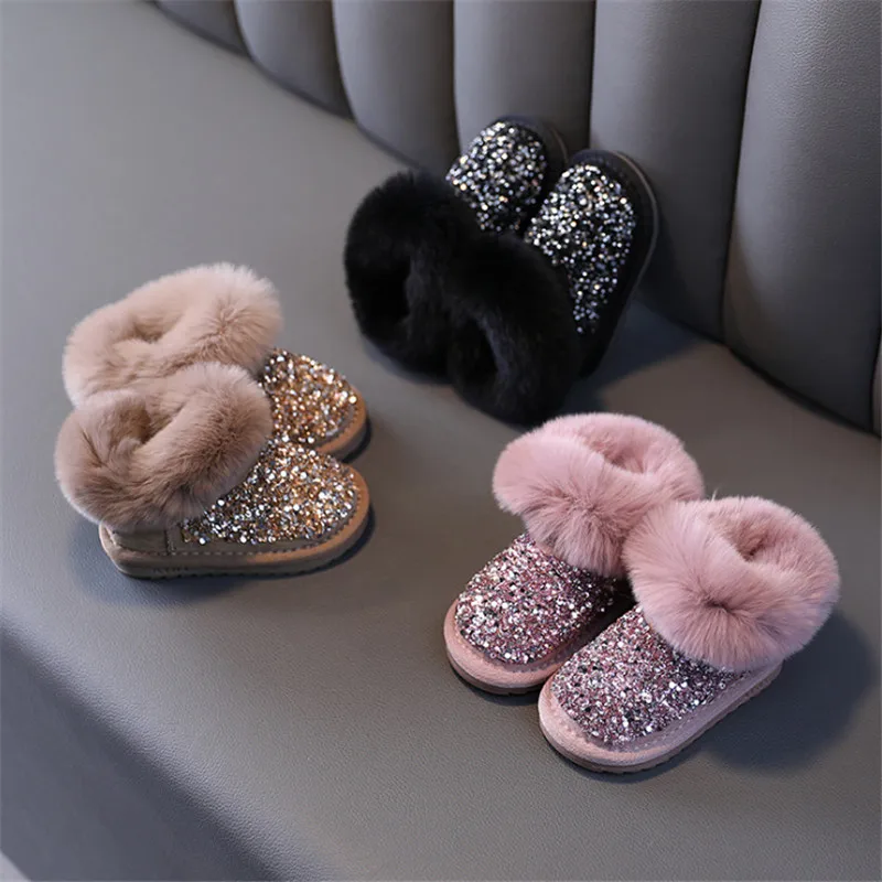 2023 New Winter Children Snow Boots Rhinestone Warm Plush Zip Ankle Princess Little Girls Boots Fashion Toddler Baby Shoes