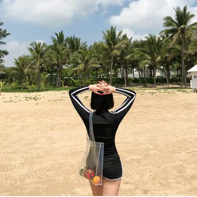 Hot Long Sleeve Rash Guard Women Two Pieces Swimsuit Zipper Swimwear Striped Surfing Suit High Neck Diving Suit Bathing Suit