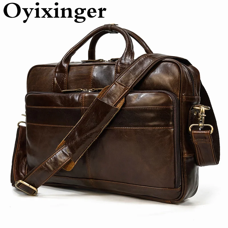 OYIXINGER Genuine Leather Men Laptop Bag Vintage Computer Handbag Luxury Male Laptop Briefcase For 15 16 Inch PC Office Work Bag