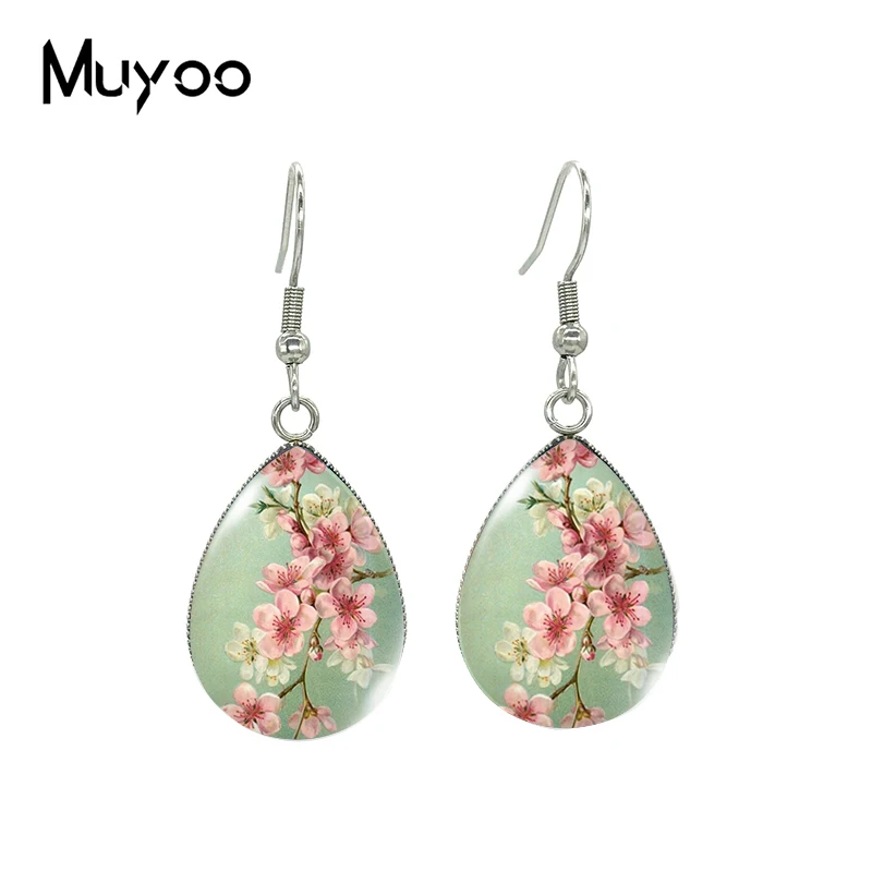 2021 New Cherry Blossom Tear drop Earring Art Flowers Fish hook Earrings Glass Cabochon Jewelry Handmade Items