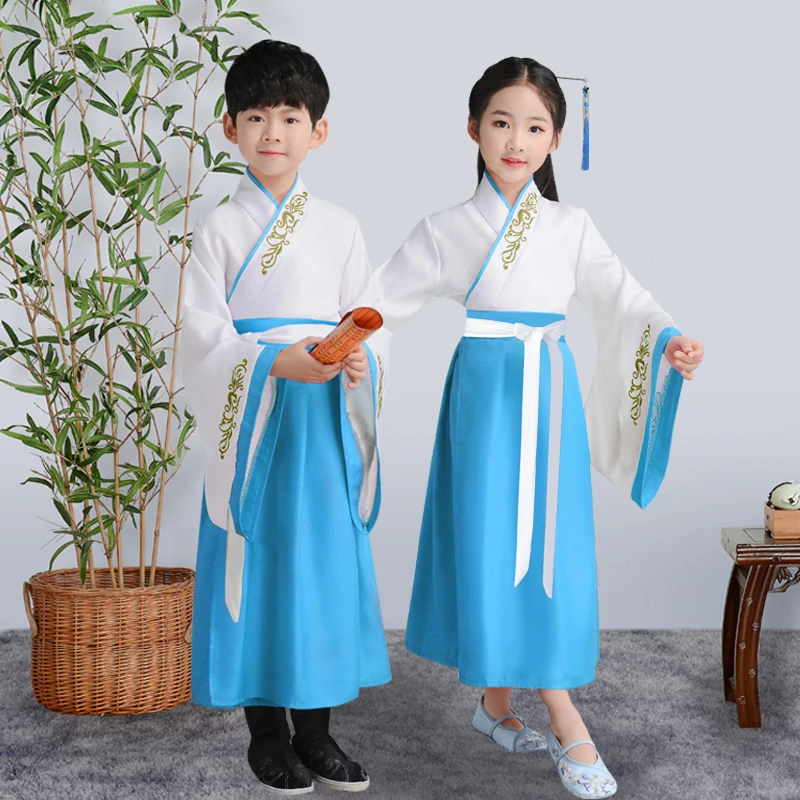 

qipao dress Tang Suit Kids Traditional Chinese Clothes Boy Girls Ancient Costumes Folk Dance Hanfu Dress Stage robe chinoise