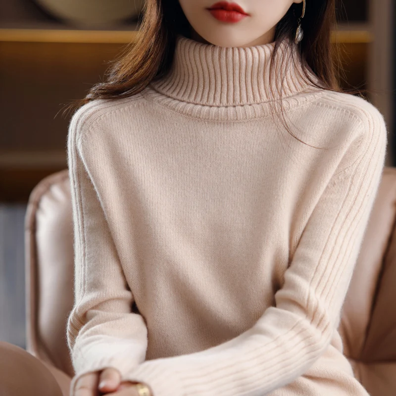 Autumn Winter New 100%Pure Wool Sweater Women High Lapel Knit Base Shirt Cashmere Loose Thick Long-Sleeve Blouse Warm Pullover