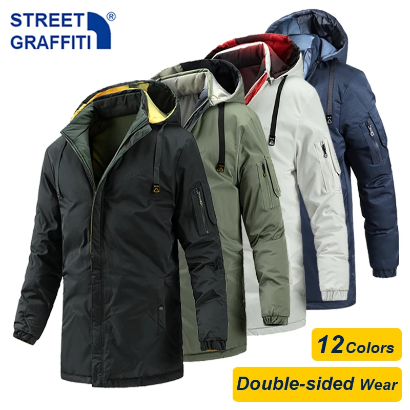 Homens 2021 inverno nova marca mais longo quente grosso capuz casaco parkas masculino outono outwear à prova de vento dupla face usar parkas