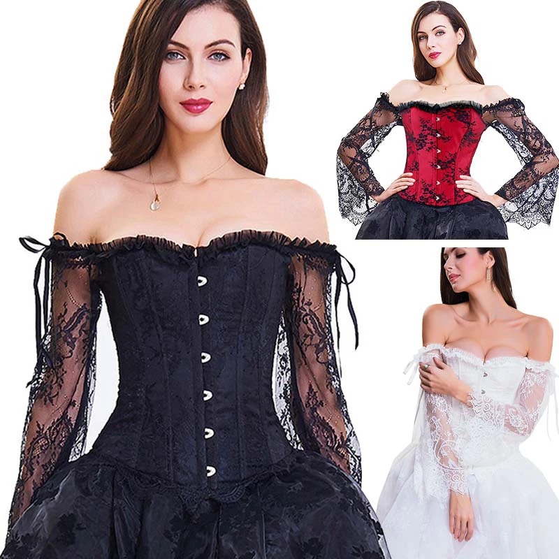 Steampunk Corset Bustier Gothic Corselet Corset Women Bustier Long Sleeve Lace Floral Off Shoulder Sexy Party Corset