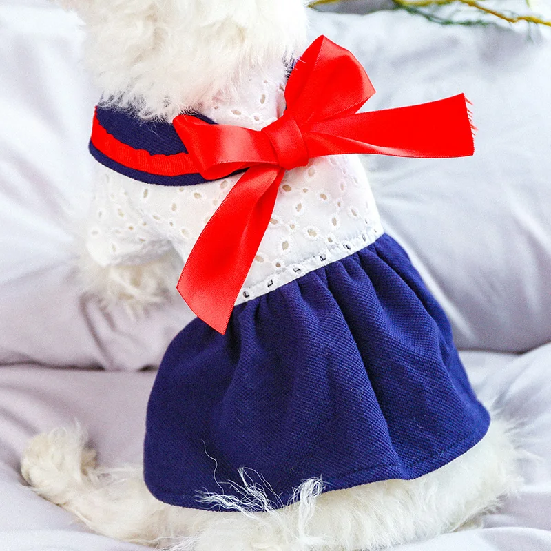 Pet Clothes Cute Red Big Bow Sailor Dress for Pet Dog Cat Spring Summer Birthday Princess Skirt Puppy Kitten Hollow Out Dress