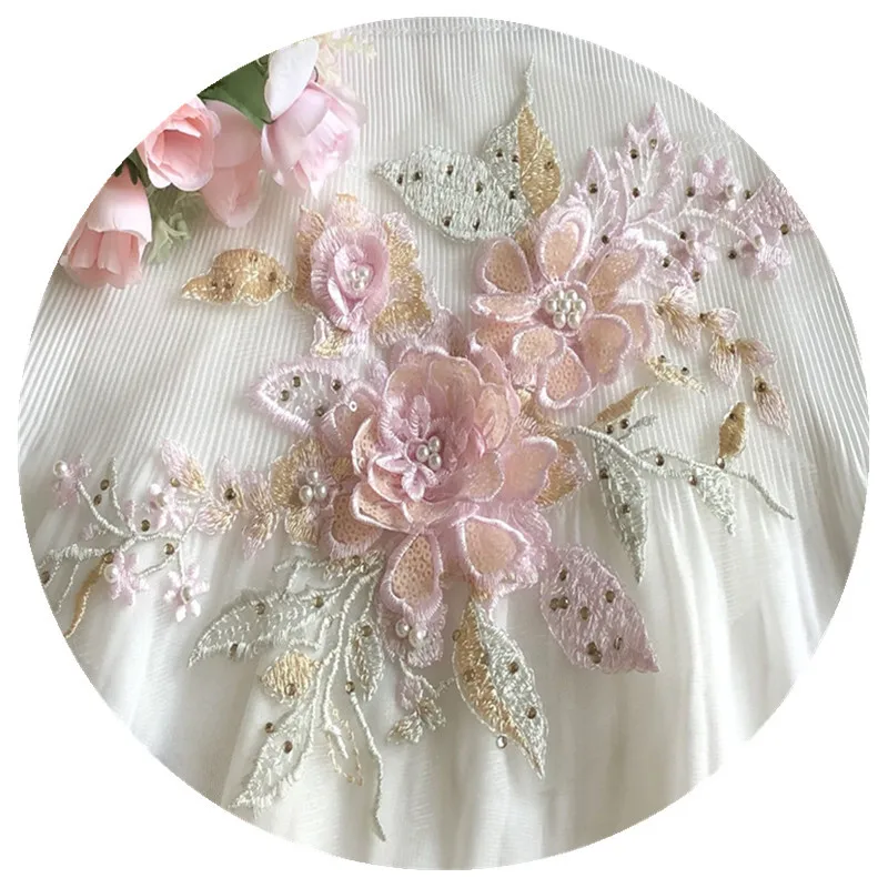 1 piece DIY lace craft Three-dimensional flower net gauze embroidery cloth with beaded patch lace dress decoration accessories